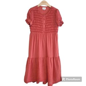 Bohme Lauren Tiered Smocked Boho Peasant Midi Dress Sz M